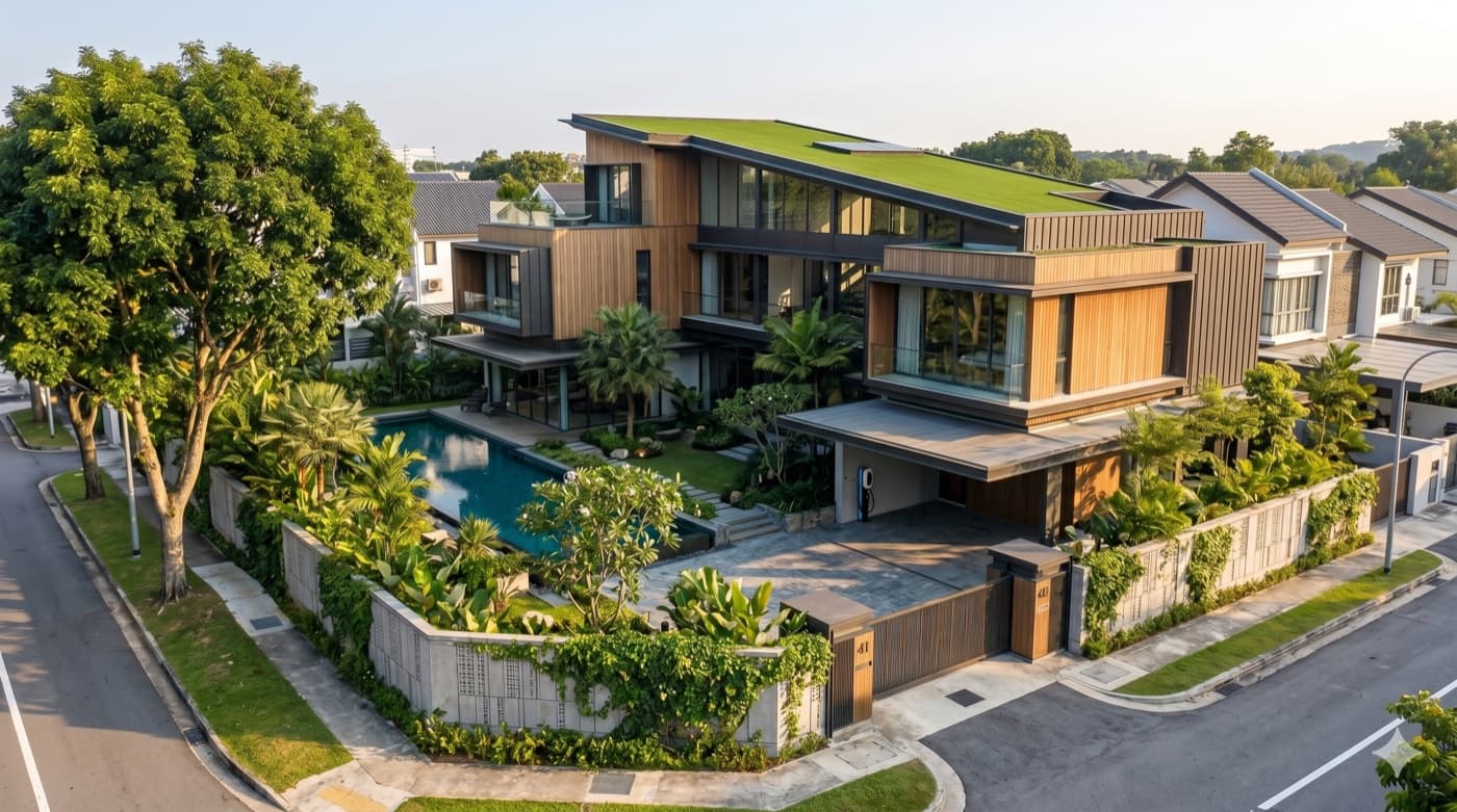 Detached bungalow in Singapore with pool, green roof, and lush tropical landscaping on a corner plot