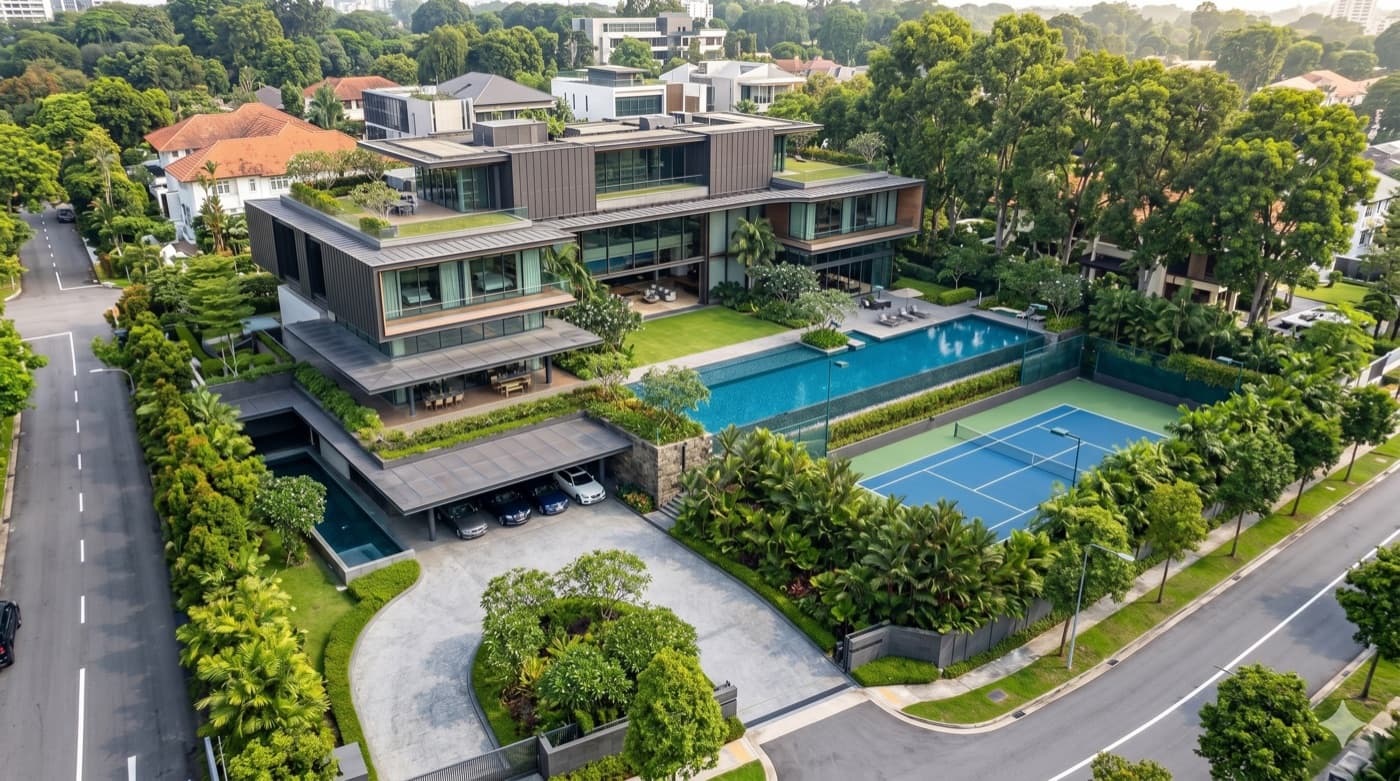 Good Class Bungalow in Singapore prime district with swimming pool and private tennis court on a large plot
