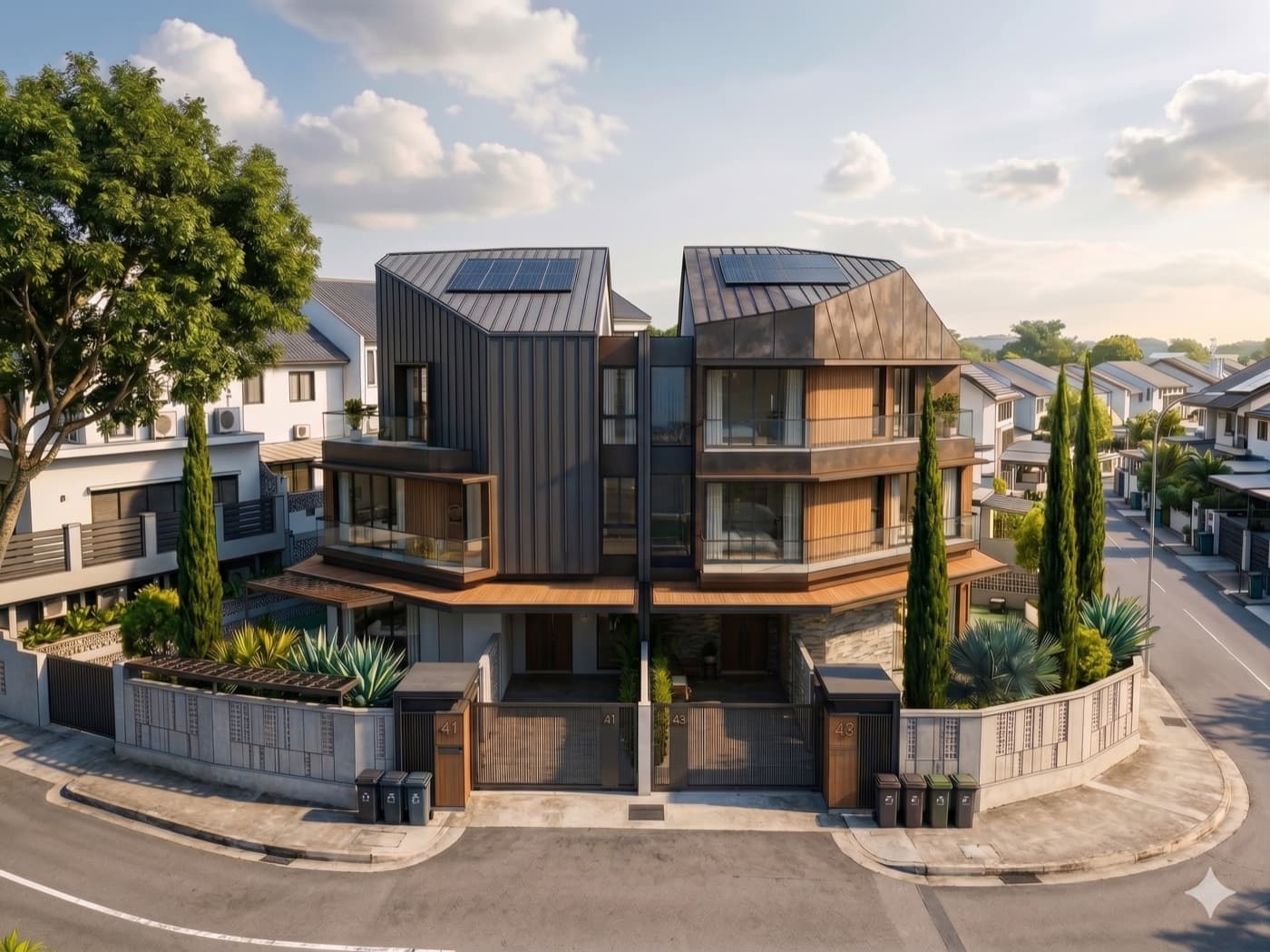 Modern semi-detached house on a corner plot in a Singapore landed estate with contemporary black and timber facade