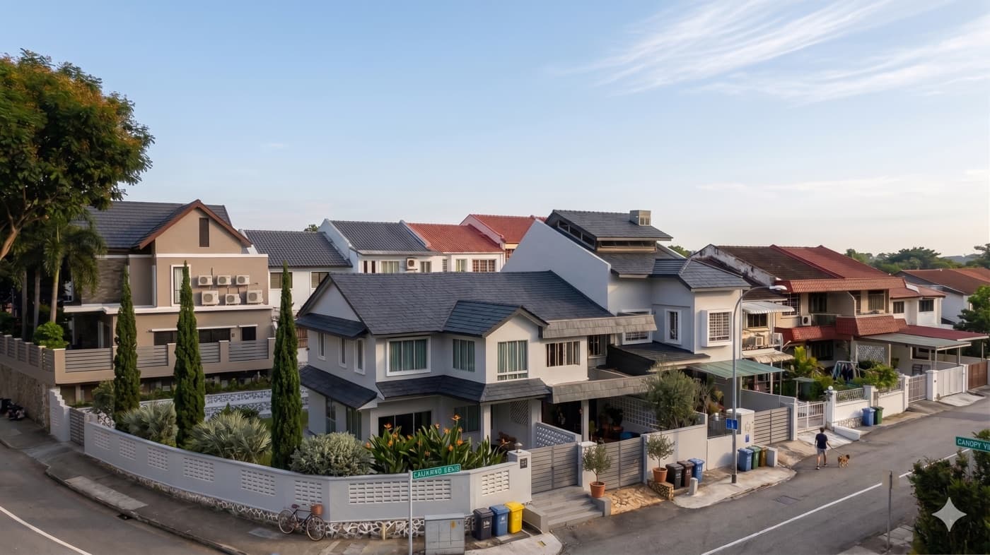 Row of terrace houses in a Singapore landed estate, attached side walls, cars parked along the street